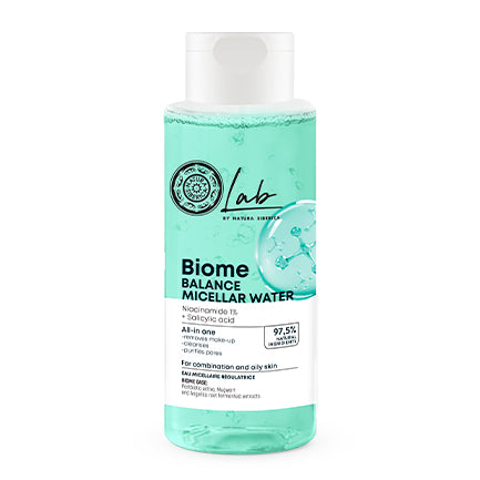Agua micelar equilibrante para piel grasa y mixta.